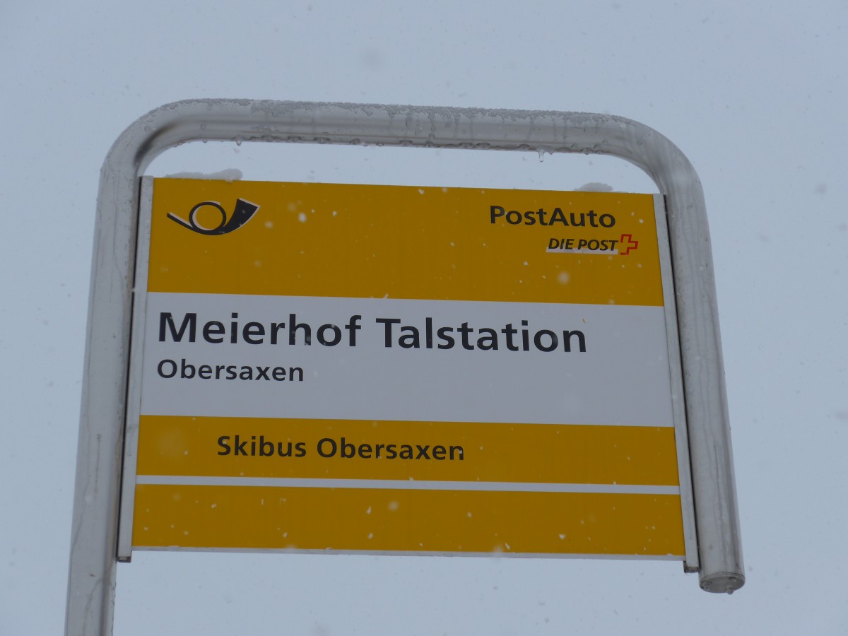 (149'078) - PostAuto-Haltestelle - Obersaxen, Meierhof Talstation am 1. Mrz 2014