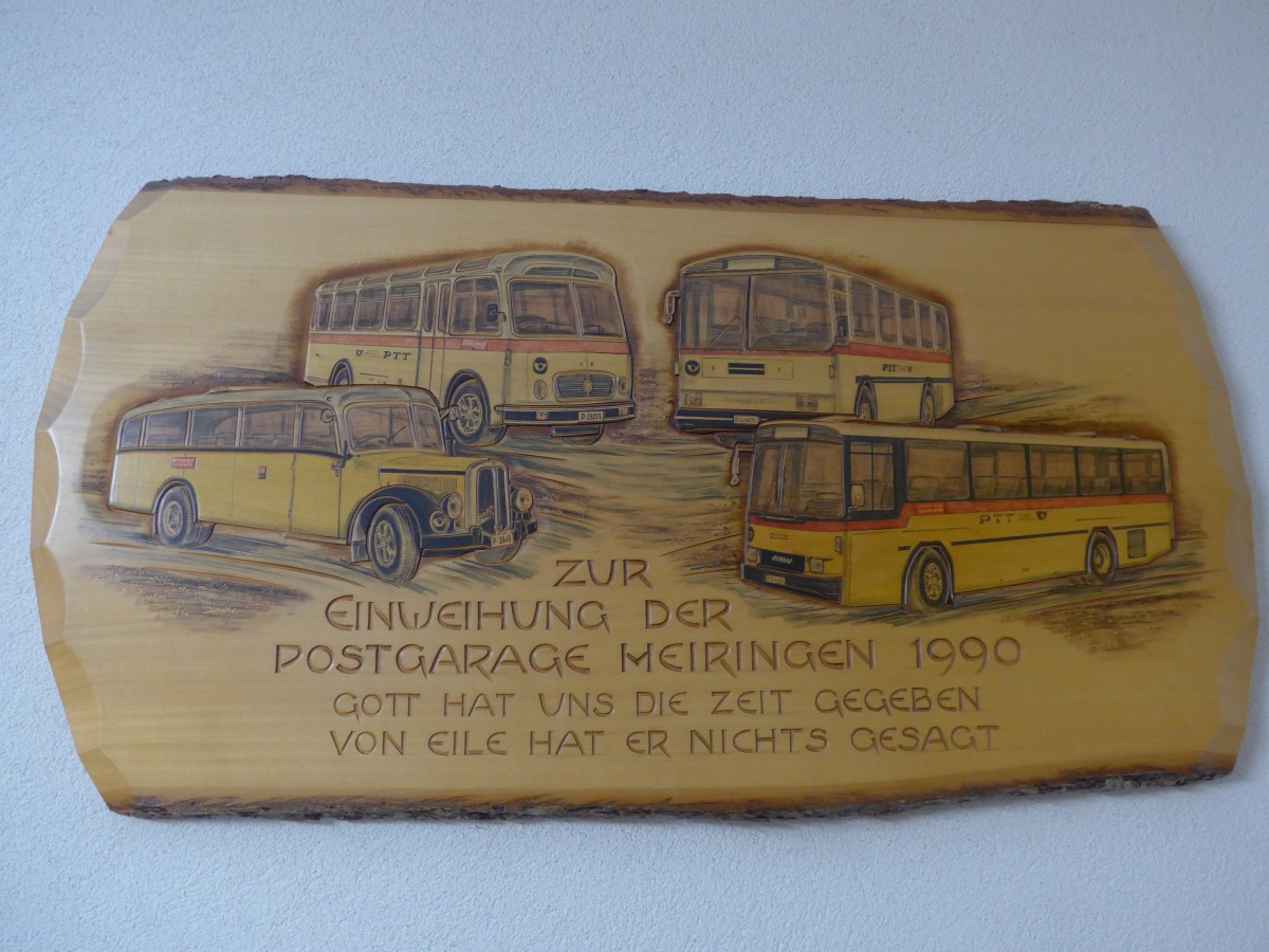 (160'990) - Holz-Schnitzerei-Bild zur Einweihung der Postgarage 1990 am 25. Mai 2015 in Meiringen