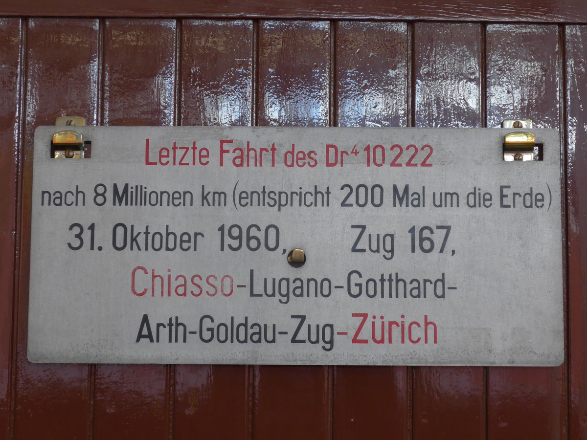 (171'305) - Schild  Letzte Fahrt am 31. Oktober 1960  des SBB-Speisewagens - Nr. 10'222 - am 22. Mai 2016 in Luzern, Verkehrshaus