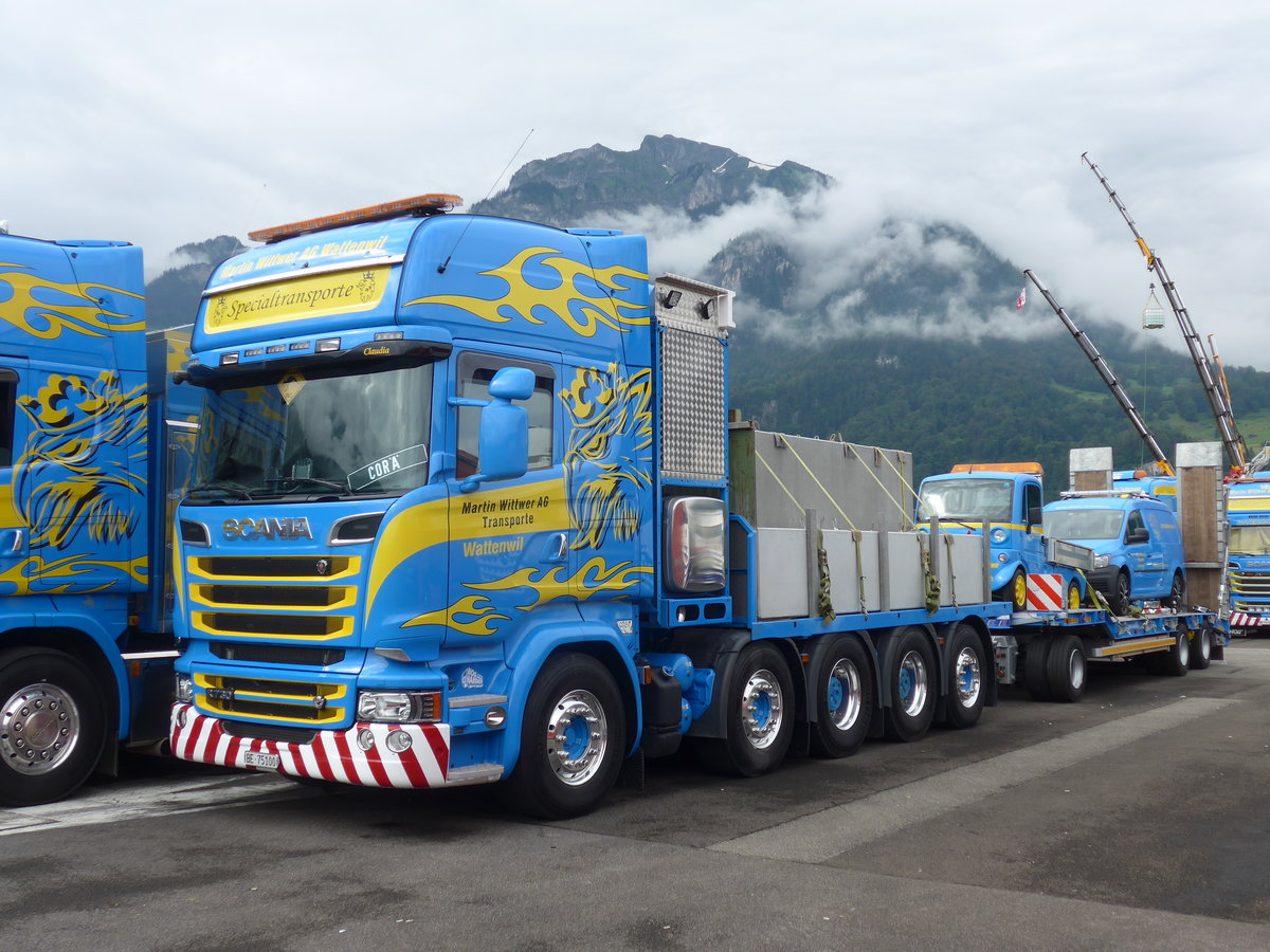 (172'332) - Wittwer, Wattenwil - BE 75'100 - Scania am 26. Juni 2016 in Interlaken, Flugplatz
