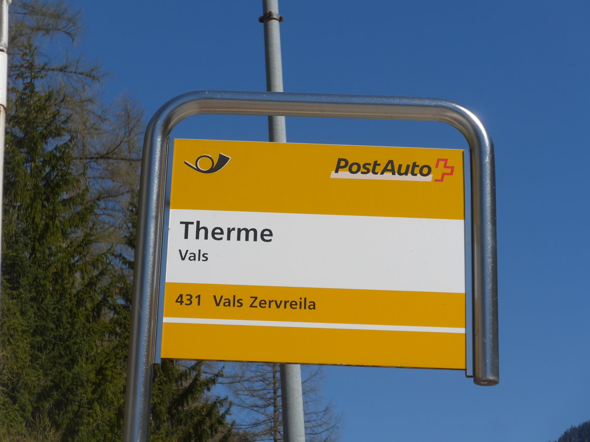 (179'554) - PostAuto-Haltestelle - Vals, Therme - am 14. April 2017