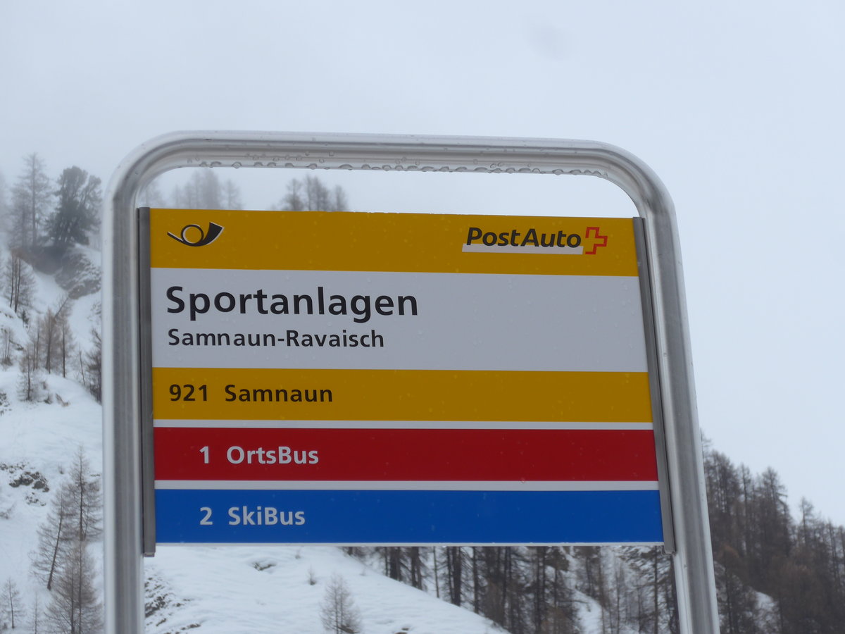 (188'774) - PostAuto-Haltestelle - Samnaun-Ravaisch, Sportanlagen - am 16. Februar 2018