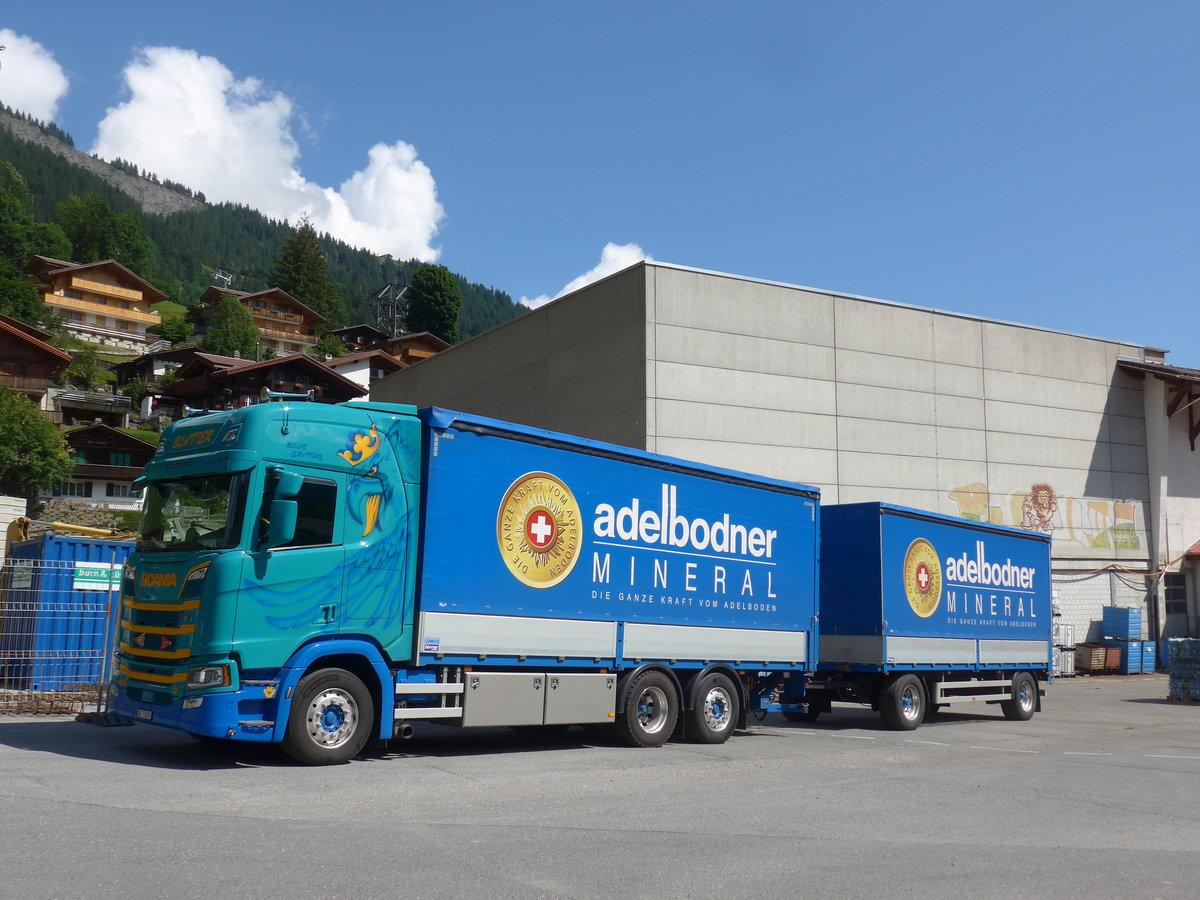 (207'923) - Blatter, Hofstetten - BE 73'335 - Scania am 14. Juli 2019 in Adelboden, Mineralquelle