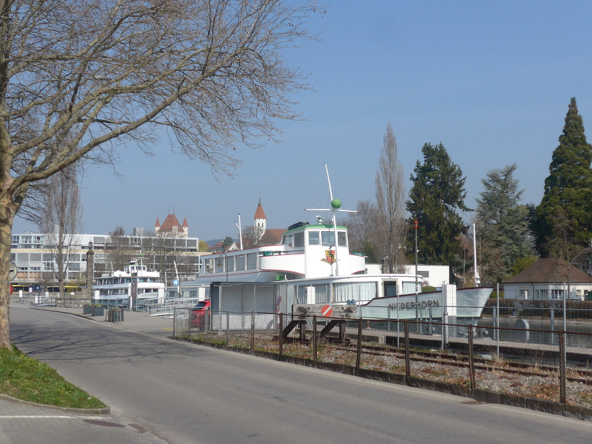 (215'634) - Motorschiffe Bubenberg und Niederhorn am 28. Mrz 2020 an der Schifflndte Thun