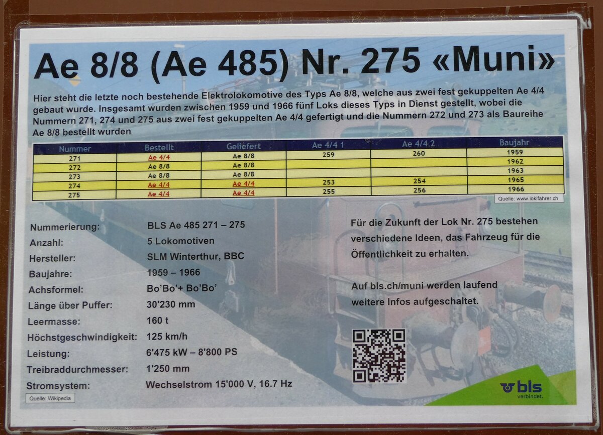 (234'883) - Beschrieb der Ae 8/8 (Ae 485) Nr. 275  Muni  am 29. April 2022 im alten Bahnhof Frutigen