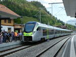 (250'664) - BLS-MIKA-Pendelzug - Nr. 123 - am 27. Mai 2023 im Bahnhof Boltigen (Zugtaufe BOLTIGEN)